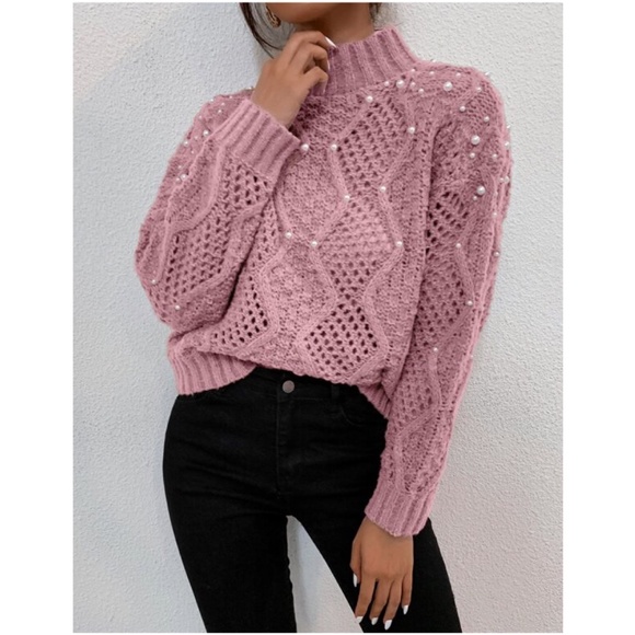 Bellanblue Sweaters - Pink Mock Neck Faux Pearls Oversized Knit Sweater Top